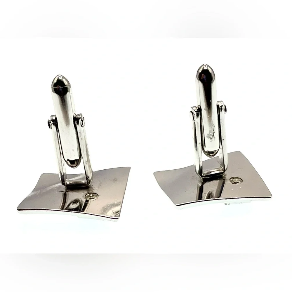 Vintage Signed Swank Textured Curvy Silver Tone Square Black Glass Cufflinks